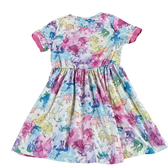 Unicorns and Stars Dress Colorful Pink Trim Short Sleeves Girls 5/6Y - Picture 8 of 9